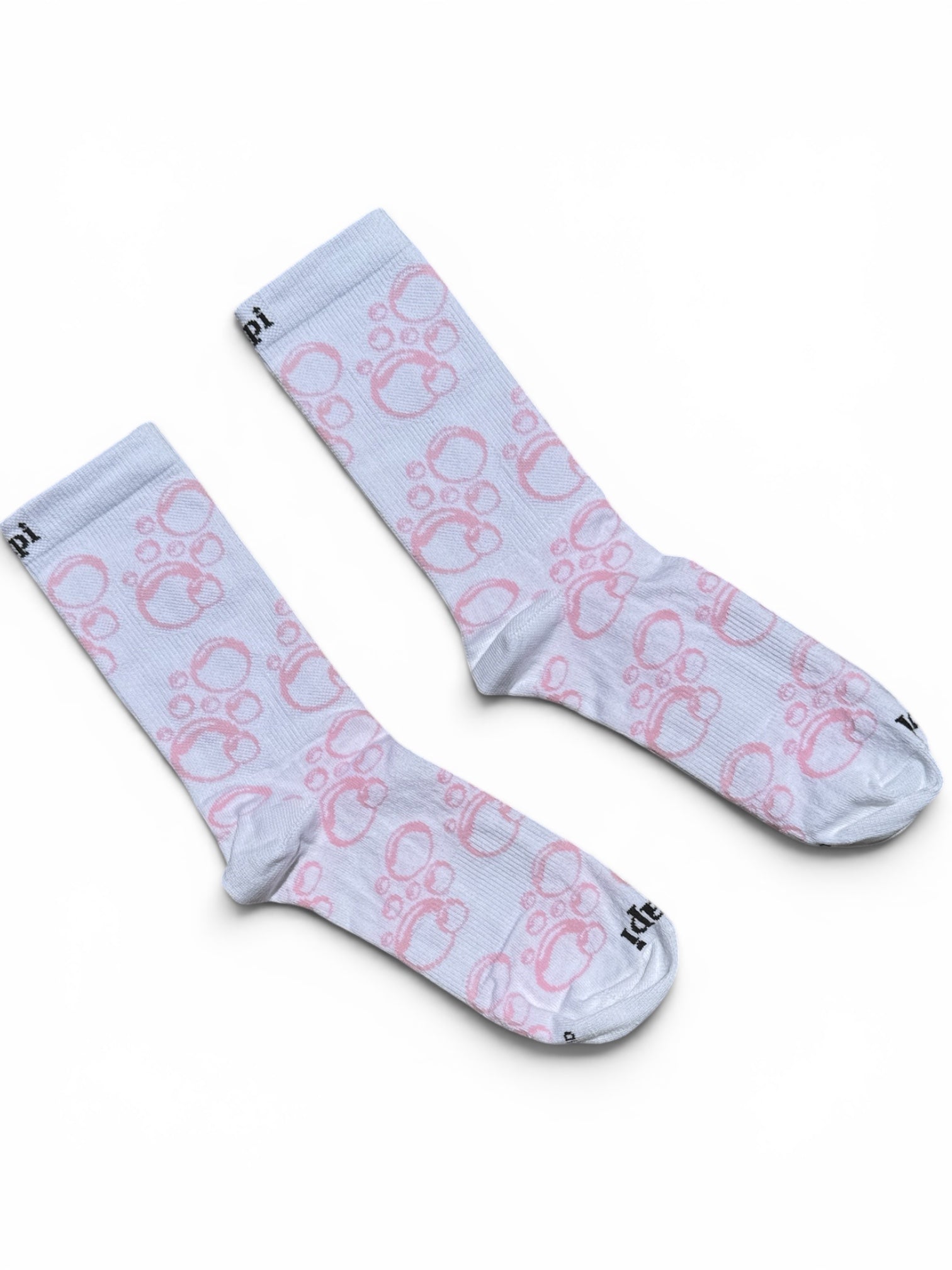 White crew socks with playful pink bubble cluster design, 100% combed cotton made in USA