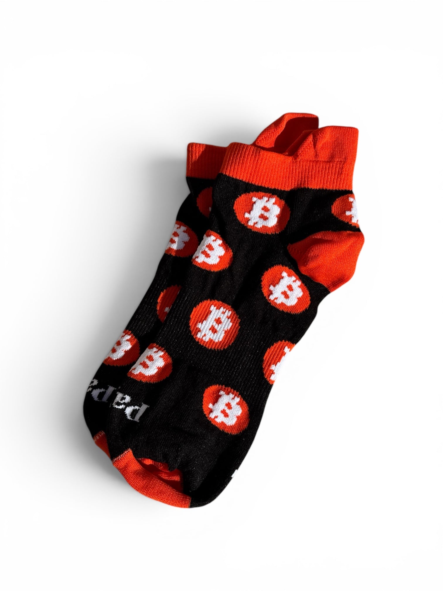 Bitcoin black ankle socks close-up showing Y-stitched heel and blister tab detail