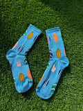 Surfboard crew socks on white background featuring bold surfboard print, 100% cotton made in USA